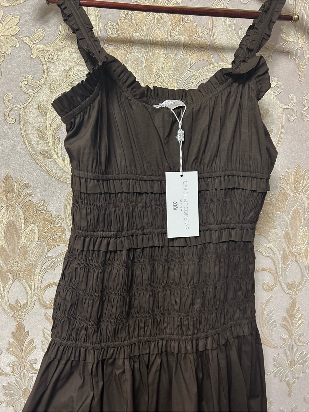 NWT Caroline Constas Chocolate Brown Smocked Cotton Maxi Dress  – Size M - Picture 3 of 5